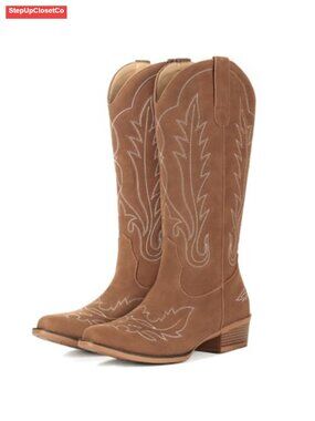 Women's Mid Calf Cowgirl Boots Faux Suede Embroidered Pull On Western Boots